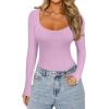 imageREORIA Womens Sexy Basic Sexy Scoop Long Sleeve Double Lined Layering Slim Bodysuit TopsCoral Pink