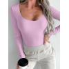 imageREORIA Womens Sexy Basic Sexy Scoop Long Sleeve Double Lined Layering Slim Bodysuit TopsCoral Pink