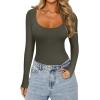 imageREORIA Womens Sexy Basic Sexy Scoop Long Sleeve Double Lined Layering Slim Bodysuit TopsGrey