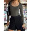 imageREORIA Womens Sexy Basic Sexy Scoop Long Sleeve Double Lined Layering Slim Bodysuit TopsGrey