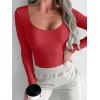 imageREORIA Womens Sexy Basic Sexy Scoop Long Sleeve Double Lined Layering Slim Bodysuit TopsRed