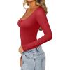imageREORIA Womens Sexy Basic Sexy Scoop Long Sleeve Double Lined Layering Slim Bodysuit TopsRed