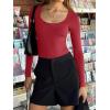 imageREORIA Womens Sexy Basic Sexy Scoop Long Sleeve Double Lined Layering Slim Bodysuit TopsRed