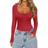 imageREORIA Womens Sexy Basic Sexy Scoop Long Sleeve Double Lined Layering Slim Bodysuit TopsRed