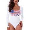 imageREORIA Womens Sexy Basic Sexy Scoop Long Sleeve Double Lined Layering Slim Bodysuit TopsUs Flag Theme