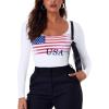 imageREORIA Womens Sexy Basic Sexy Scoop Long Sleeve Double Lined Layering Slim Bodysuit TopsUs Flag Theme