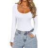 imageREORIA Womens Sexy Basic Sexy Scoop Long Sleeve Double Lined Layering Slim Bodysuit TopsWhite