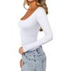 imageREORIA Womens Sexy Basic Sexy Scoop Long Sleeve Double Lined Layering Slim Bodysuit TopsWhite