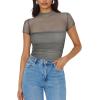 imageREORIA Womens Sexy Mock Turtle Neck Short Sleeve Shirts Sheer Mesh Ruched Trendy Going Out Bodysuits TopsAntique Pewter