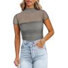 imageREORIA Womens Sexy Mock Turtle Neck Short Sleeve Shirts Sheer Mesh Ruched Trendy Going Out Bodysuits TopsAntique Pewter