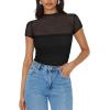 imageREORIA Womens Sexy Mock Turtle Neck Short Sleeve Shirts Sheer Mesh Ruched Trendy Going Out Bodysuits TopsBlack