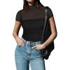 imageREORIA Womens Sexy Mock Turtle Neck Short Sleeve Shirts Sheer Mesh Ruched Trendy Going Out Bodysuits TopsBlack