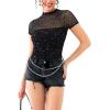 imageREORIA Womens Sexy Mock Turtle Neck Short Sleeve Shirts Sheer Mesh Ruched Trendy Going Out Bodysuits TopsBlack Glitter