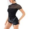 imageREORIA Womens Sexy Mock Turtle Neck Short Sleeve Shirts Sheer Mesh Ruched Trendy Going Out Bodysuits TopsBlack Glitter