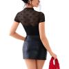 imageREORIA Womens Sexy Mock Turtle Neck Short Sleeve Shirts Sheer Mesh Ruched Trendy Going Out Bodysuits TopsBlack Heart