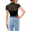 imageREORIA Womens Sexy Mock Turtle Neck Short Sleeve Shirts Sheer Mesh Ruched Trendy Going Out Bodysuits TopsBlack Leopard Pattern