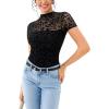imageREORIA Womens Sexy Mock Turtle Neck Short Sleeve Shirts Sheer Mesh Ruched Trendy Going Out Bodysuits TopsBlack Leopard Pattern