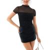 imageREORIA Womens Sexy Mock Turtle Neck Short Sleeve Shirts Sheer Mesh Ruched Trendy Going Out Bodysuits TopsBlack Sequin