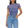imageREORIA Womens Sexy Mock Turtle Neck Short Sleeve Shirts Sheer Mesh Ruched Trendy Going Out Bodysuits TopsBlue Nova