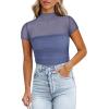 imageREORIA Womens Sexy Mock Turtle Neck Short Sleeve Shirts Sheer Mesh Ruched Trendy Going Out Bodysuits TopsBlue Nova