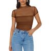 imageREORIA Womens Sexy Mock Turtle Neck Short Sleeve Shirts Sheer Mesh Ruched Trendy Going Out Bodysuits TopsCoffee