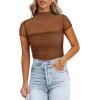 imageREORIA Womens Sexy Mock Turtle Neck Short Sleeve Shirts Sheer Mesh Ruched Trendy Going Out Bodysuits TopsCoffee