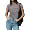 imageREORIA Womens Sexy Mock Turtle Neck Short Sleeve Shirts Sheer Mesh Ruched Trendy Going Out Bodysuits TopsDeep Grey