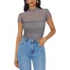 imageREORIA Womens Sexy Mock Turtle Neck Short Sleeve Shirts Sheer Mesh Ruched Trendy Going Out Bodysuits TopsDeep Grey