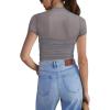 imageREORIA Womens Sexy Mock Turtle Neck Short Sleeve Shirts Sheer Mesh Ruched Trendy Going Out Bodysuits TopsDeep Grey