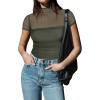 imageREORIA Womens Sexy Mock Turtle Neck Short Sleeve Shirts Sheer Mesh Ruched Trendy Going Out Bodysuits TopsGrey Green