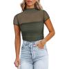 imageREORIA Womens Sexy Mock Turtle Neck Short Sleeve Shirts Sheer Mesh Ruched Trendy Going Out Bodysuits TopsGrey Green