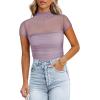 imageREORIA Womens Sexy Mock Turtle Neck Short Sleeve Shirts Sheer Mesh Ruched Trendy Going Out Bodysuits TopsHazy Lilac