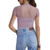 imageREORIA Womens Sexy Mock Turtle Neck Short Sleeve Shirts Sheer Mesh Ruched Trendy Going Out Bodysuits TopsHazy Lilac