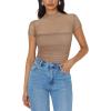 imageREORIA Womens Sexy Mock Turtle Neck Short Sleeve Shirts Sheer Mesh Ruched Trendy Going Out Bodysuits TopsKhaki