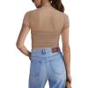 imageREORIA Womens Sexy Mock Turtle Neck Short Sleeve Shirts Sheer Mesh Ruched Trendy Going Out Bodysuits TopsKhaki
