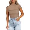 imageREORIA Womens Sexy Mock Turtle Neck Short Sleeve Shirts Sheer Mesh Ruched Trendy Going Out Bodysuits TopsKhaki