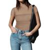 imageREORIA Womens Sexy Mock Turtle Neck Short Sleeve Shirts Sheer Mesh Ruched Trendy Going Out Bodysuits TopsKhaki