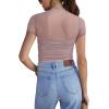 imageREORIA Womens Sexy Mock Turtle Neck Short Sleeve Shirts Sheer Mesh Ruched Trendy Going Out Bodysuits TopsPantone
