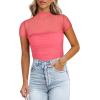 imageREORIA Womens Sexy Mock Turtle Neck Short Sleeve Shirts Sheer Mesh Ruched Trendy Going Out Bodysuits TopsPeach Pink