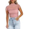 imageREORIA Womens Sexy Mock Turtle Neck Short Sleeve Shirts Sheer Mesh Ruched Trendy Going Out Bodysuits TopsPink