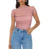 imageREORIA Womens Sexy Mock Turtle Neck Short Sleeve Shirts Sheer Mesh Ruched Trendy Going Out Bodysuits TopsPink