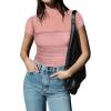 imageREORIA Womens Sexy Mock Turtle Neck Short Sleeve Shirts Sheer Mesh Ruched Trendy Going Out Bodysuits TopsPink