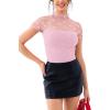 imageREORIA Womens Sexy Mock Turtle Neck Short Sleeve Shirts Sheer Mesh Ruched Trendy Going Out Bodysuits TopsPink Heart