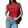 imageREORIA Womens Sexy Mock Turtle Neck Short Sleeve Shirts Sheer Mesh Ruched Trendy Going Out Bodysuits TopsRed