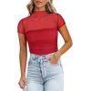 imageREORIA Womens Sexy Mock Turtle Neck Short Sleeve Shirts Sheer Mesh Ruched Trendy Going Out Bodysuits TopsRed