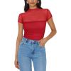 imageREORIA Womens Sexy Mock Turtle Neck Short Sleeve Shirts Sheer Mesh Ruched Trendy Going Out Bodysuits TopsRed