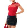 imageREORIA Womens Sexy Mock Turtle Neck Short Sleeve Shirts Sheer Mesh Ruched Trendy Going Out Bodysuits TopsRed Heart