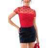 imageREORIA Womens Sexy Mock Turtle Neck Short Sleeve Shirts Sheer Mesh Ruched Trendy Going Out Bodysuits TopsRed Heart