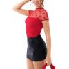 imageREORIA Womens Sexy Mock Turtle Neck Short Sleeve Shirts Sheer Mesh Ruched Trendy Going Out Bodysuits TopsRed Heart
