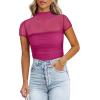 imageREORIA Womens Sexy Mock Turtle Neck Short Sleeve Shirts Sheer Mesh Ruched Trendy Going Out Bodysuits TopsRose Red